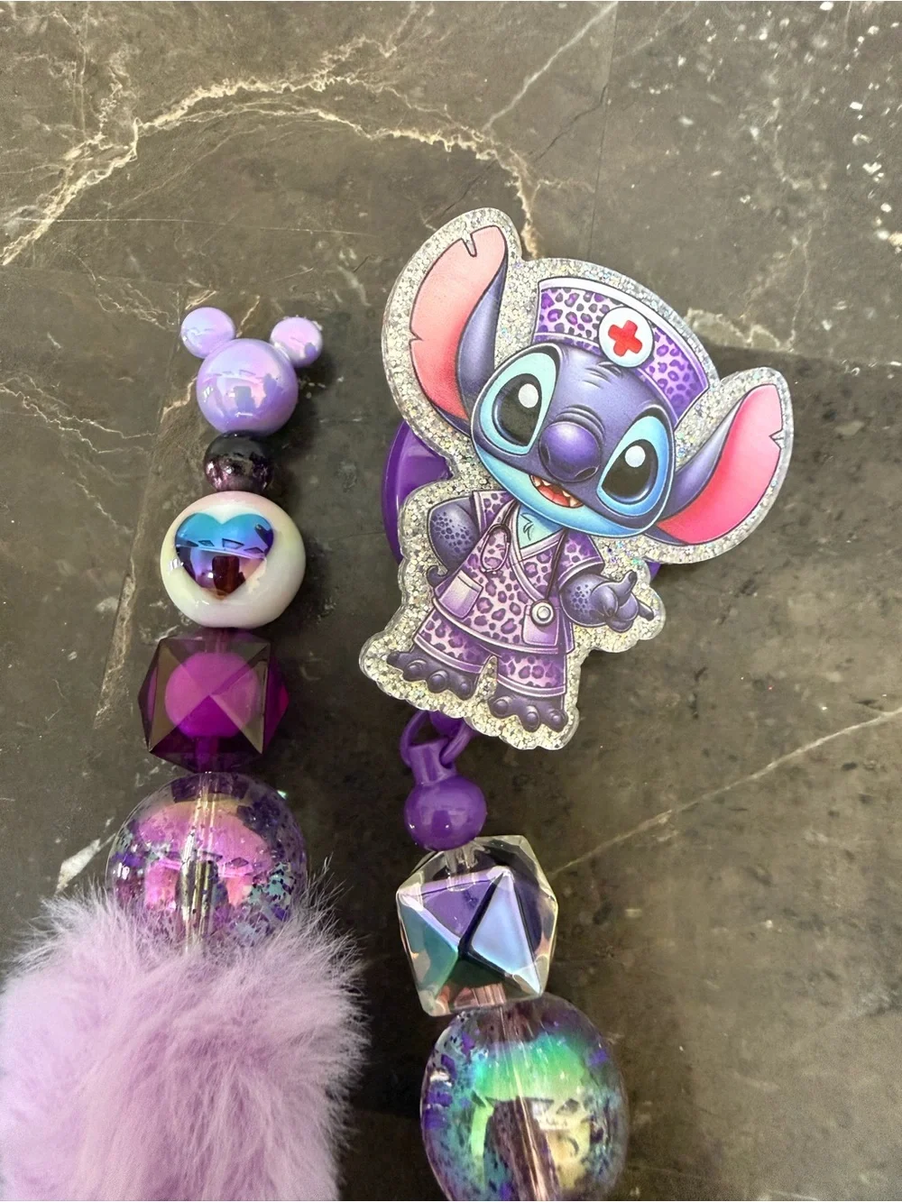 Stitch Nurse Purple Fuzzy Beaded Pen and Matching Badge Reel Set Handmade